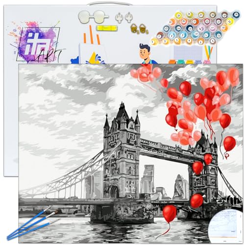 ITA Art Malen nach Zahlen Komplett Set mit Keilrahmen, Acrylfarben, Pinseln, Zubehör, Geschenkbox - DIY Gemälde Bastelset Kit mit Leinwand für Erwachsene, 40x50 cm, Tower Bridge von ITA