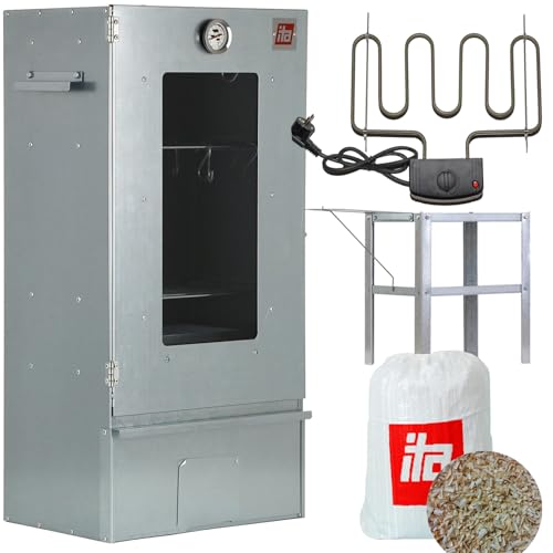 ITA Elektrischer Räucherofen 7002 - Smoker Set mit Heizung, Tisch - Räucherschrank mit Fenster & Thermometer - Edelstahl - EU Qualität, Direkt vom Hersteller - 81 cm mit 3 Etagen von ITA