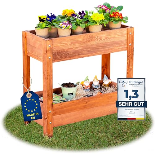 ITA Hochbeet aus Holz 80x37x78 cm - Pflanzkasten mit 2 Ebenen & Innenfolie - Made in EU - Direkt vom Hersteller - FSC Kiefernholz - Pflanzbeet Blumenkasten für Garten Balkon Terrasse - Braun von ITA