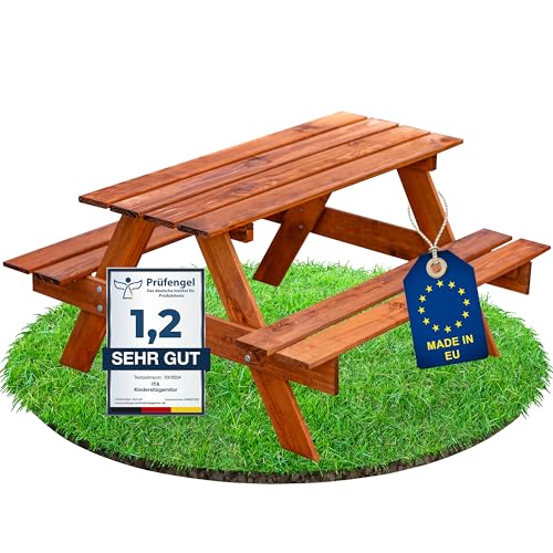 ITA Kindersitzgarnitur aus Holz - Kinder Picknicktisch mit 2 Bänken - Kinder Sitzgruppe für Indoor & Outdoor - Qualität direkt vom Hersteller - Made in EU, Farbe:Braun von ITA