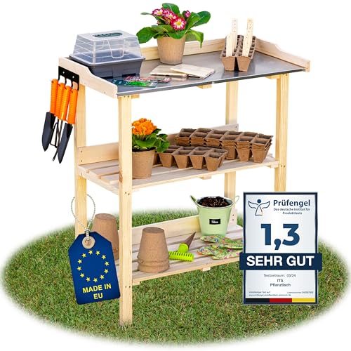 ITA Pflanztisch Premium - Pflanzentisch mit verzinkter Arbeitsplatte - Gärtnertisch aus Holz - Wetterfest - Made in EU - Direkt vom Hersteller - FSC Zertifiziert - Outdoor & Indoor - 76x38x89 cm Natur von ITA