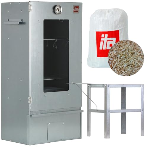 ITA Räucherofen 7000 - Smoker Set mit Tisch - Räucherschrank mit Fenster & Thermometer - Legierter Stahl - EU Qualität, Direkt vom Hersteller - 81 cm mit 3 Etagen von ITA