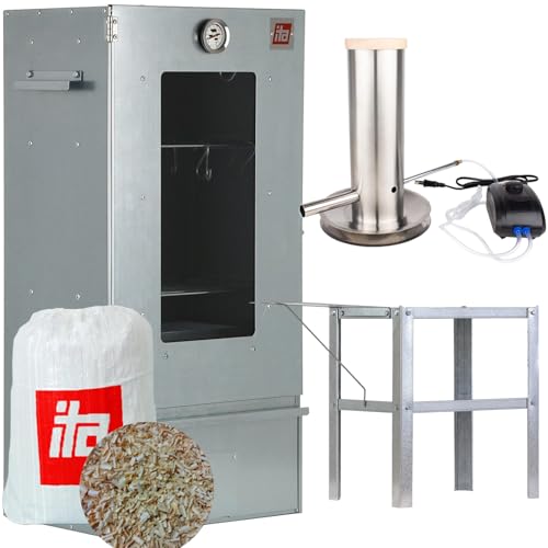 ITA Räucherofen 7002 - Smoker Set mit Rauchgenerator, Tisch - Räucherschrank mit Fenster & Thermometer - Edelstahl - EU Qualität, Direkt vom Hersteller - 81 cm mit 3 Etagen von ITA