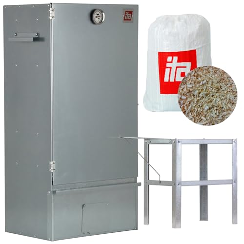 ITA Räucherofen 7005 - Smoker Set mit Tisch - Räucherschrank mit Thermometer - Edelstahl - EU Qualität, Direkt vom Hersteller - 81 cm mit 3 Etagen von ITA