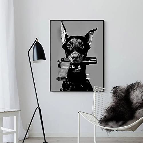 ITAWS Foto Schwarz Weiß Wandbild Leinwanddruck „Hund Mit Waffe“, 40 X 50 Cm, Ohne Rahmen Wandkunst Leinwand Malerei Nordic Poster Und Druck Vintage von ITAWS