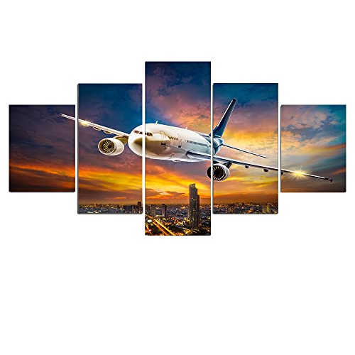 ITAWS Modernes 5-teiliges Flugzeug-Poster auf Leinwand, Gemälde, Sonnenuntergang, Hintergrundbeleuchtung, für Bilder, Rasen, Wandkunst, Bilder für Wohnzimmer, 40 x 60, 40 x 80, 40 x 100 cm von ITAWS