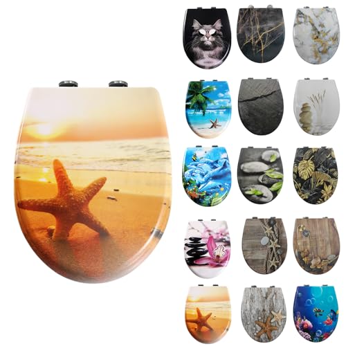 Toilettendeckel mit Absenkautomatik, WC Sitz mit Absenkautomatik Oval Form klodeckel Einfache Reinigung, Abnehmbarer WC-Sitz, 150kg belastbar, einfache Montage – Motiv: Gelber Seestern von ITAX-WORLD