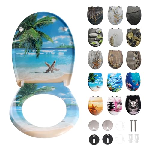 Toilettendeckel mit Absenkautomatik, WC Sitz mit Absenkautomatik Oval Form klodeckel Einfache Reinigung, Abnehmbarer WC-Sitz, 150kg belastbar, einfache Montage – Motiv: Palmenstrand von ITAX-WORLD