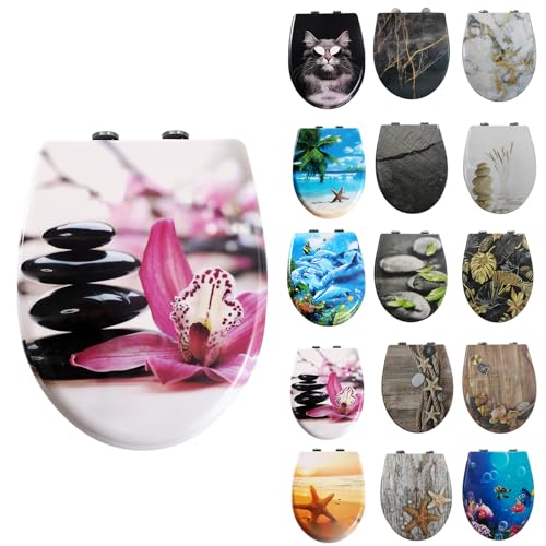 Toilettendeckel mit Absenkautomatik, WC Sitz mit Absenkautomatik Oval Form klodeckel Einfache Reinigung, Abnehmbarer WC-Sitz, 150kg belastbar, einfache Montage – Motiv: Rote Blume & schwarze Steine von ITAX-WORLD