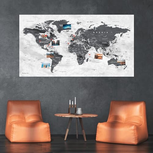 XXL Weltkarte als Pinnwand | Reiseziele und Urlaub pinnen | Landkarte aus edlem Vlies in Grau | 130 x 70 cm, inkl. 20 Fähnchen von ITCHY FEET