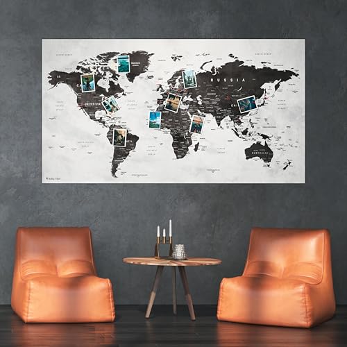 XXL Weltkarte als Pinnwand | Reiseziele und Urlaub pinnen | Landkarte aus edlem Vlies in Grau | 130 x 70 cm, inkl. 20 Fähnchen von ITCHY FEET