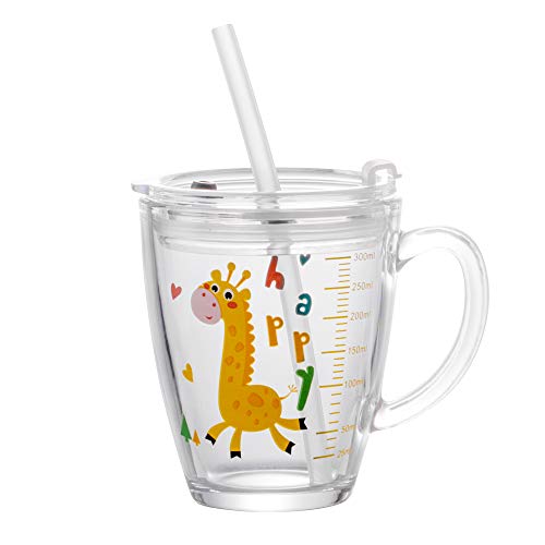 ITODA Glas Kinder Wasserbecher 300ml Becher Trinkbecher mit Stroh Trinkglas mit Deckel Messbecher Mikrowellengeeignet Wasserglas Hitzebeständig Saftglas Jungen Mädchen Getränkebecher für Milch Wasser von ITODA