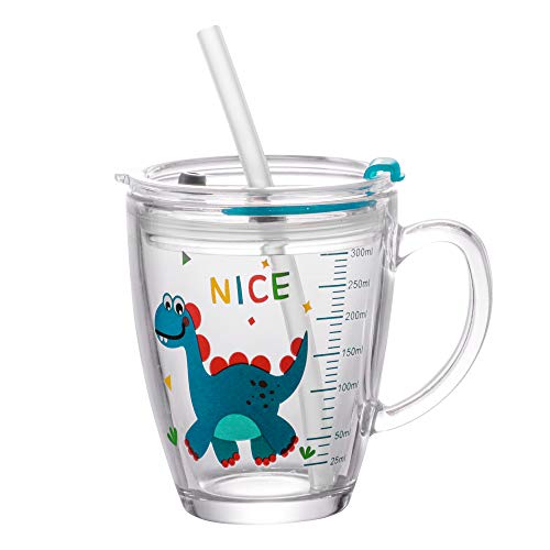 Glas Kinder Wasserbecher 300ml Becher Trinkbecher mit Stroh Trinkglas mit Deckel Messbecher Mikrowellengeeignet Wasserglas Hitzebeständig Saftglas Jungen Mädchen Getränkebecher für Milch Wasser von ITODA