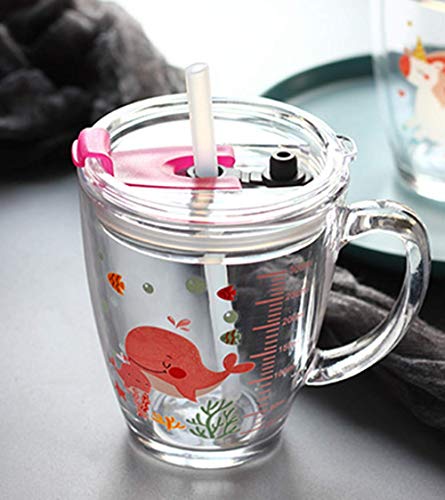 ITODA Glas Kinder Wasserbecher 300ml Becher Trinkbecher mit Stroh Trinkglas mit Deckel Messbecher Mikrowellengeeignet Wasserglas Hitzebeständig Saftglas Jungen Mädchen Getränkebecher für Milch Wasser von ITODA