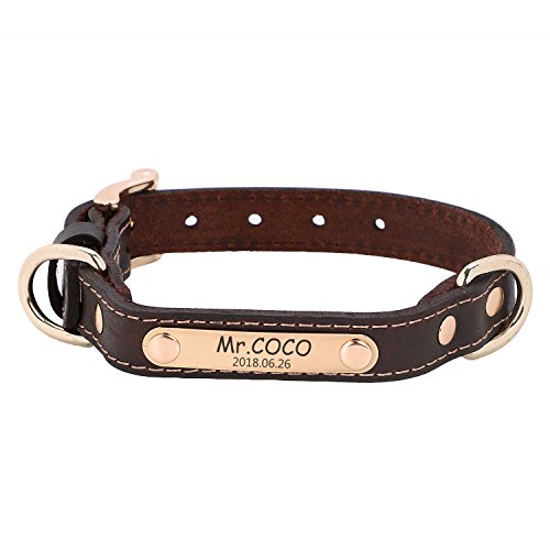 ITODA Halsband Weiches Leder Hundehalsband mit D-Ring für Hunde Metall Marke mit Gravur nach Wunsch Halsband in Verschiedene Größe und Farben für Spazieren Wandern Reise Outdoor Training Braun M von ITODA