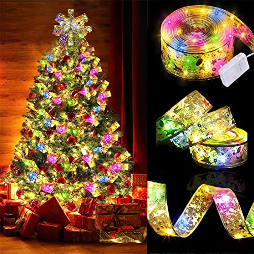 Weihnachten Lichterkette Bänder 10m Weihnachtsband Weihnachtsbaum LED Lichter Bunt Weihnachtslichter Dekoband Christbaum Deko Glänzende Band DIY Schleifenband Weihnachtsdeko für Innen Außen Gold von ITODA