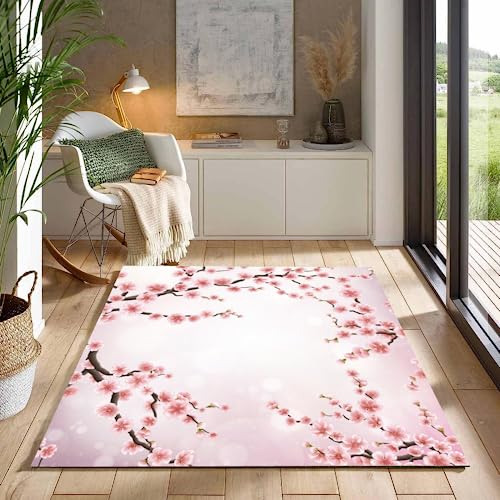 ITOMEN Japanische Kirschblüten Teppich Kinderteppich Modern 3D Pinke Blumen Teppich Kinderzimmer Kurzflor Teppiche rutschfeste Spielteppiche für Schlafzimmer Wohnzimmer Zimmer 120x160 cm von ITOMEN