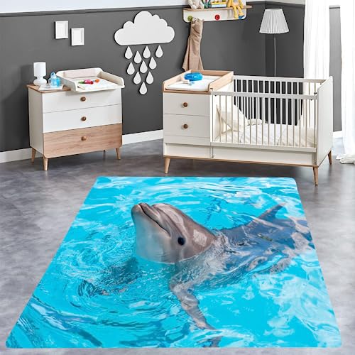 ITOMEN Kurzflor Teppich 3D Delfin Teppich Matten rutschfeste FußMatte Ozean Muster Kinder Spielteppiche FüR Schlafzimmer Flur Wohnzimmer Boden Teppich 120x160 cm von ITOMEN