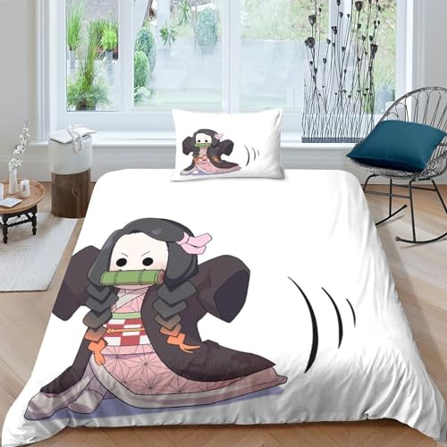 ITOMEN Nezuko 3D Gedruckter Anime Bettbezug Set Bettwäschegarnitur Für Kinder Mädchen Jungen Reissverschluss Bettwäsche Und Kissenbezüge Weich Microfaser 2 Teilig Single（135x200cm） von ITOMEN