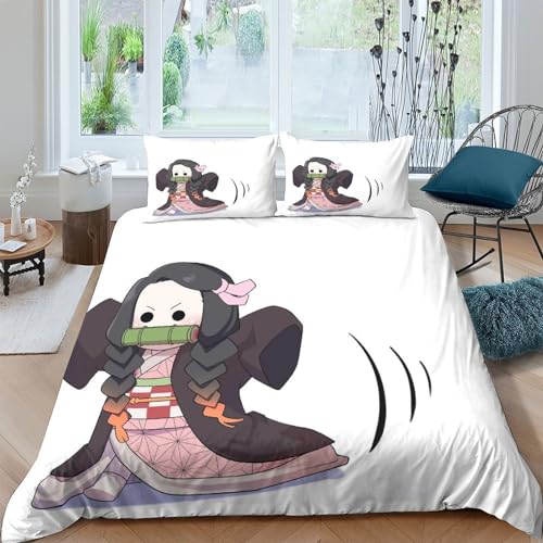 ITOMEN Nezuko Bettbezug Set Für Kinder Mädchen Jungen Bettwäschegarnitur 3D Gedruckter Anime Reissverschluss Und Kissenbezüge Bettwäsche Weich Microfaser 3 Teilig Double（200x200cm） von ITOMEN