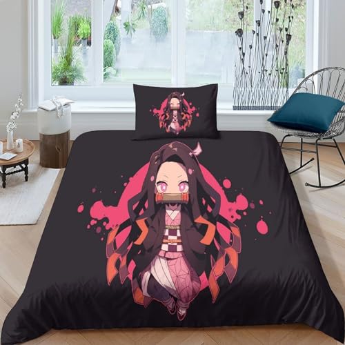 ITOMEN Nezuko Für Kinder Mädchen Jungen Bettwäschegarnitur Bettbezug Set 3D Gedruckter Anime Und Kissenbezüge Reissverschluss Bettwäsche Weich Microfaser 2 Teilig Single（135x200cm） von ITOMEN