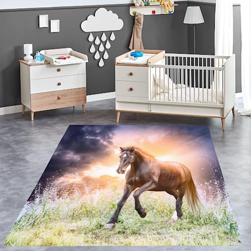 ITOMEN Pferd Teppich Kinderteppich Modern 3D Tierpferd Teppich Kinderzimmer Kurzflor Teppiche rutschfeste Spielteppiche für Schlafzimmer Wohnzimmer Zimmer 120x160 cm von ITOMEN