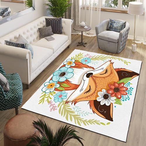 ITOMEN Teppich Schlafzimmer Fuchs-Cartoon Kinderteppich Dekoration Carpets Süße Tiere Teenager Kurzflor Flanell Teppiche rutschfeste Spielteppiche für Schlafzimmer Wohnzimmer 80x120 cm von ITOMEN