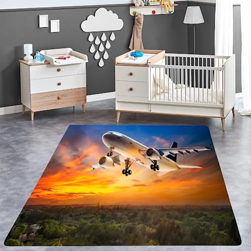 ITOMEN Teppich Schlafzimmer Verkehrsflugzeug Kinderteppich Dekoration Carpets Flugzeug Teenager Kurzflor Flanell Teppiche rutschfeste Spielteppiche für Schlafzimmer Wohnzimmer 80x120 cm von ITOMEN