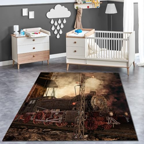 Teppich Schlafzimmer Retro-Zug Kinderteppich Dekoration Carpets Märchen, Traum Teenager Kurzflor Flanell Teppiche rutschfeste Spielteppiche für Schlafzimmer Wohnzimmer 80x120 cm von ITOMEN