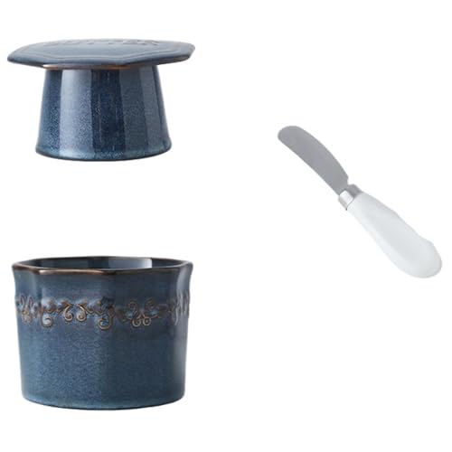 Butterdose Buttertopf mit Deckel for die Küchenarbeitsplatte, weiche Keramik-Butterdose mit Messer, Käsebehälter mit Wasserlinie(Blue) von ITRHJTGP