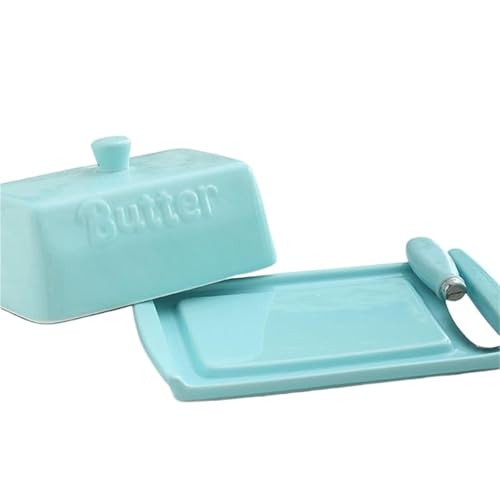 Butterdose Keramik Butterdose mit Deckel Käsetabletts Butterbox Set mit Messer Butter Brot Käse Aufbewahrungsplatte Küchenzubehör(Blue) von ITRHJTGP