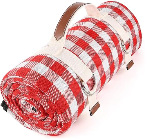 ITRHJTGP Picknickdecke wasserdichte Picknickdecke, tragbar, mit Tragegurt, for Strandmatte oder Familien-Campingparty im Freien(Red and White Grids,200cm X 200cm) von ITRHJTGP