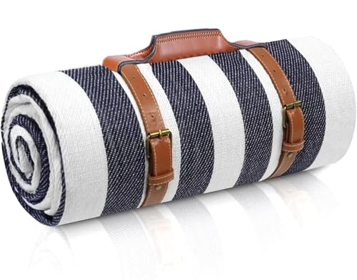 ITRHJTGP Picknickdecke wasserdichte und Faltbare Picknickdecke, extra groß, 3-lagige Outdoordecke, Stranddecke for Camping, Park, Strand, Gras, drinnen(Blue White Strips,200X200cm(80 x80in)) von ITRHJTGP