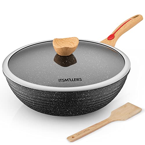 ITSMILLERS Chinesischer Wok, Druckguss, antihaftbeschichtet, kratzfest, mit Deckel und Spatel, PFOA-frei, spülmaschinenfest und Induktionsboden, 32,5 cm, 6 l von ITSMILLERS