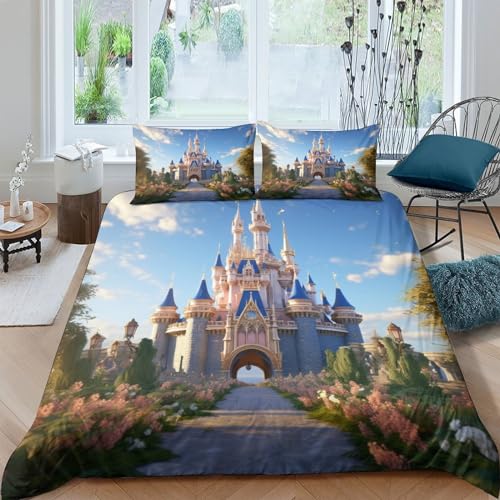 ITomen Märchenschloss Bettwäsche 3 Teilig Set Reißverschluss Atmungsaktiver Steppdeckenbezug Mikrofaser Bettbezug Set Mit Kissenbezug Für Kinder Jungen Mädchen Teenager Double（200x200cm） von ITomen