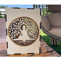 Buddha Home Dekor Aus Holz | Lebensbaum Und Om-Symbol, Handgefertigte Personalsierbare Schattenlampe, Meditationsraum-Akzent, Teelichthalter von ITsmellsLikeWood