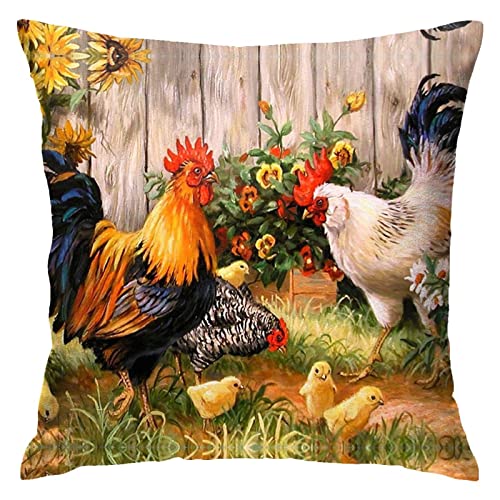 45 x 45 cm Hühner-Hahn-Garten-Blumen-Malerei, dekorativer quadratischer Kissenbezug für Couch, Sofa, Heimdekoration von IUBBKI