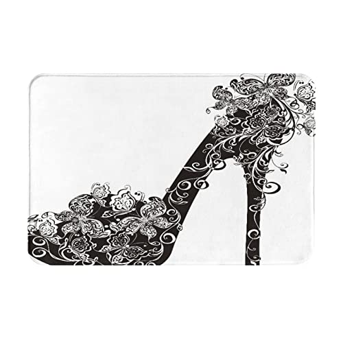 Badematte High Heel Blumen Blume Schmetterlinge Schuhe weibliche Blätter künstlerische Duschmatten waschbar Indoor & Outdoor Bodenteppich wasserabsorbierend Badewanne Badezimmermatte, 40 x 60 cm von IUBBKI