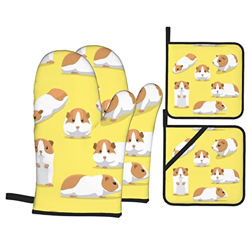 Cartoon-Meerschweinchen-Ofenhandschuhe und Topflappen-Sets, 4-teiliges Set, Ofenhandschuhe, vielseitige Hot Pad, hohe Hitzebeständigkeit, Küchenofenhandschuhe zum Kochen, Backen, Grillen von IUBBKI