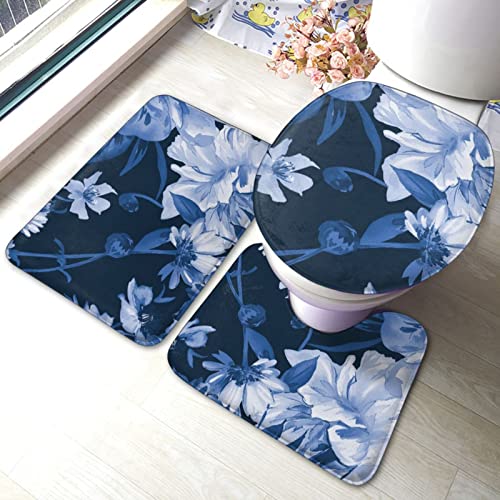 IUBBKI Badematte + Konturmatte + WC-Deckelbezug, schöne blaue Blumen, 3-teiliges Badematten-Set, mit rutschfestem Klebeboden von IUBBKI
