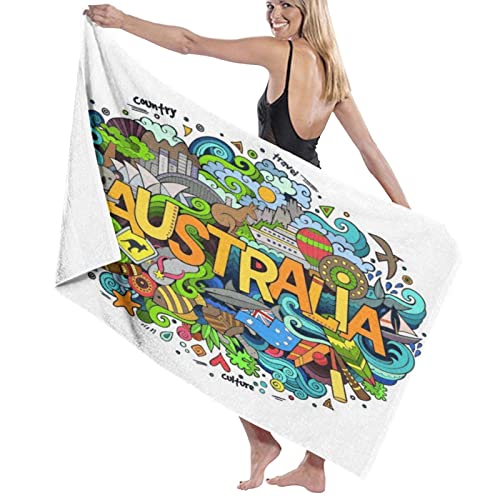 IUBBKI Badetuch, 80 x 130 cm, groß, weich, leicht, Bad, Australien, Landhaus, Schriftzug und Kritzelelemente und Symbole, Strandtuch für Familienhotel, Reisen, Schwimmen, Sport von IUBBKI