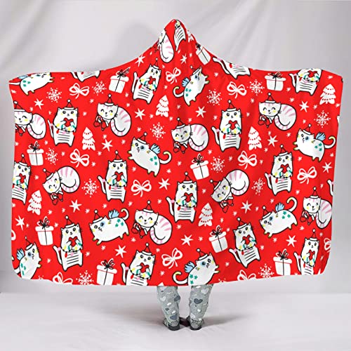 IUBBKI Damen Herren Flanell Kapuzendecke Kuscheldecke mit Kapuze Decke Katze mit Roter Hut Weihnachten Hoodie Decke Super Warm Überwurf Sofadecke 50x60 Zoll von IUBBKI