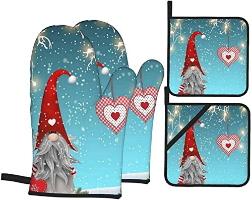 Weihnachten traditionelle Wichtel Ofenhandschuhe und Topflappen Küchenset, 4 Stück hitzebeständige Kochhandschuhe Hot Pads für BBQ Backen Grillen von IUBBKI