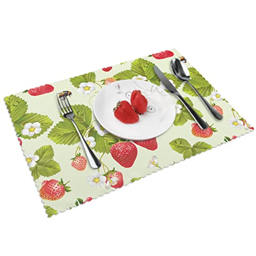Weiße Blumen Obst Tischsets Set mit 6 Stück Sommer Rot Erdbeere Tischsets für Küche Esstisch 45x30cm von IUBBKI
