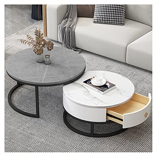 2er-Set runder Couchtisch mit Schubladen, Beistelltisch-Set fürs Wohnzimmer, Wohnzimmer-Couchtisch mit Schiefer-Marmor-Textur, Metallrahmen, moderner Teetisch fürs Schlafzimmer, Möbel (Gold B 70 cm) von IUBGFTO