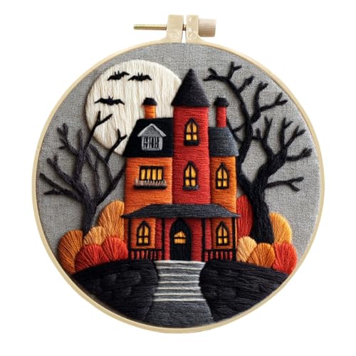 IUHUI Stickset für Anfänger Erwachsene - Halloween Ghost Themed Patterns, DIY Hand Stitching Stickerei Set mit Hoop (Haunted Castle) von IUHUI