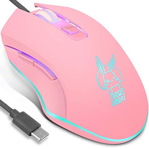 IULONEE Kabelgebundene Gaming-Maus USB C geräuscharmes Klicken 7 Farben Hintergrundbeleuchtung optische Typ-C Gaming-Maus mit 2400 DPI und 6 Tasten für PC Computer Laptop Desktop Mac (Pink) von IULONEE