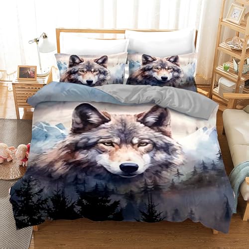 Bettwäsche Wolf 200x200,3D Tier Wolf Bettbezug mit Reißverschluss Wolf-Motiv Soft Weiche und Angenehme Schlafkomfort Microfaser Bettbezug (Wolf-2, 200x200cm) von IUNTWEIE