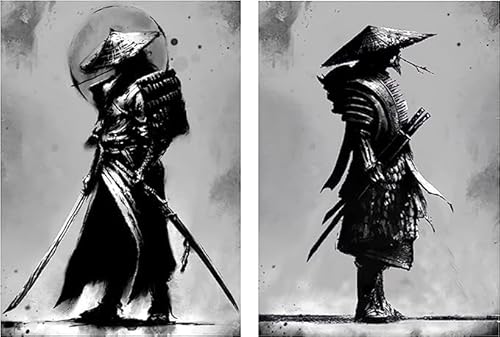 IUNTWEIE Japan Samurai Porträt Bilder Bushido Japanische Krieger Leinwandbilder Wandkunst Schwarzweiss Poster für Wohnzimmer Schlafzimmer Dekor ohne Rahmen (2x80x120cm) von IUNTWEIE