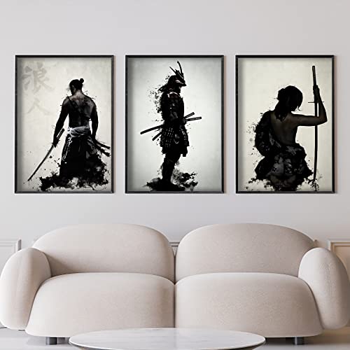 IUNTWEIE Japanische Bushido Leinwand Bilder, Japanische Samurai Poster Wandkunst, Schwarzweiss Krieger Leinwand Malerei für Wohnzimmer Schlafzimmer Dekor, ohne Rahmen 3 x 60 x 90 cm von IUNTWEIE